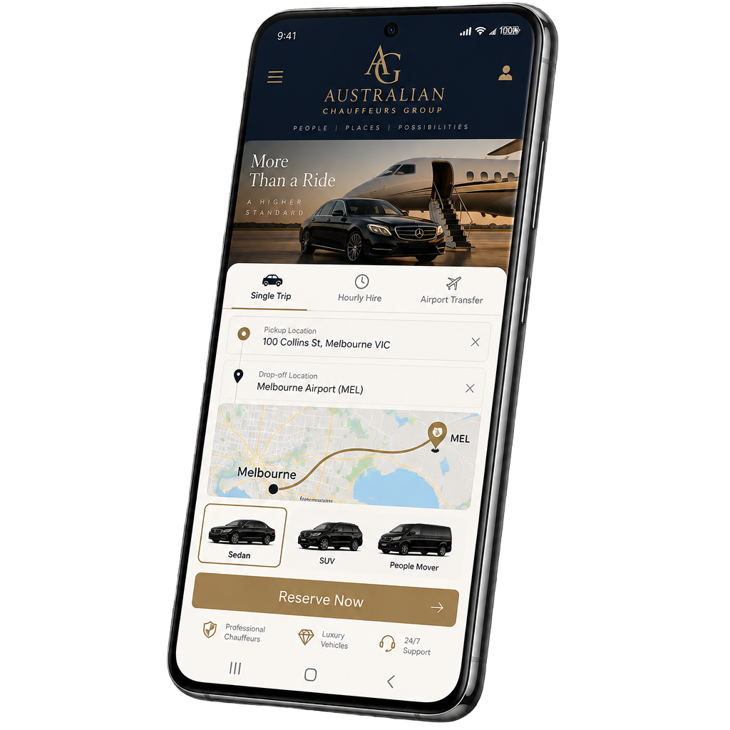 Australian Chauffeurs Group app displayed on an Android phone