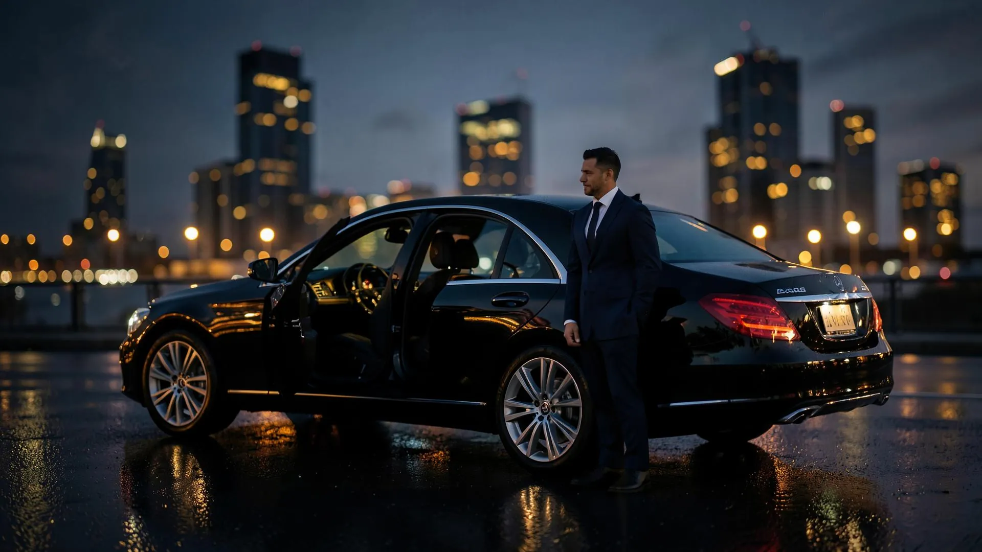 Uniformed chauffeur opening the door of a black luxury sedan in an Australian city at dusk: Luxury transfers across Australia