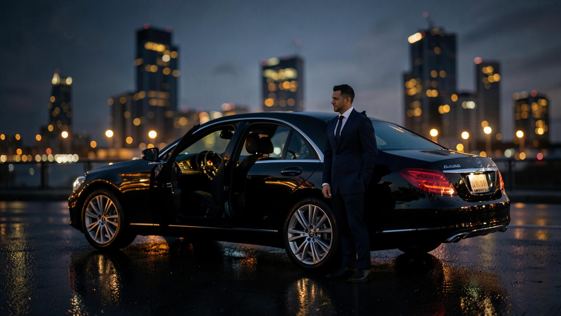 Uniformed chauffeur opening the door of a black luxury sedan in an Australian city at dusk